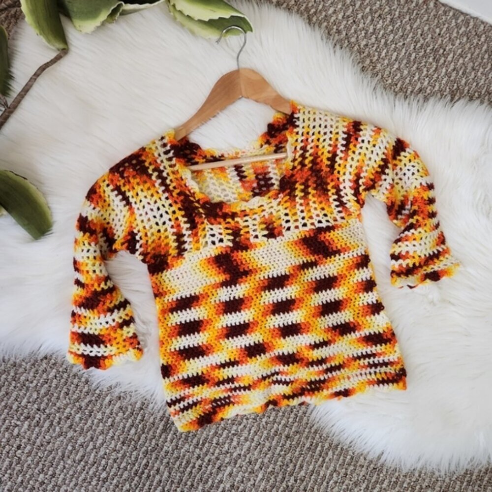 Vintage 1970s Girl Orange Crochet Crop Sweater Boho Bohemian 70s Handmade